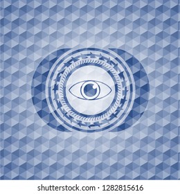 eye icon inside blue emblem or badge with geometric pattern background.