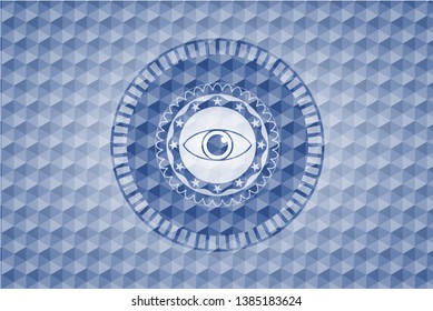 eye icon inside blue emblem with geometric background.