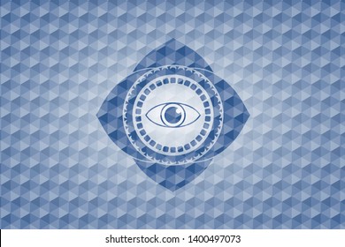 eye icon inside blue emblem or badge with geometric pattern background.