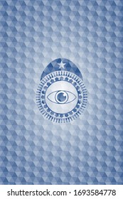eye icon inside blue emblem or badge with abstract geometric polygonal pattern background.