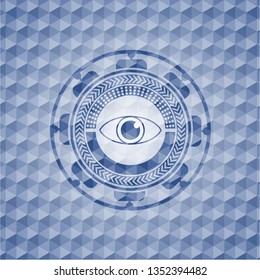 eye icon inside blue hexagon badge.