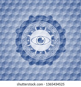 eye icon inside blue hexagon emblem.