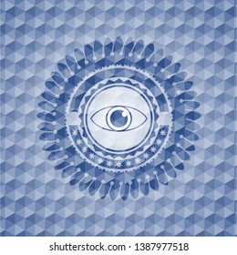 eye icon inside blue hexagon emblem.