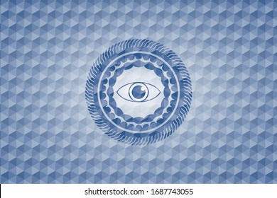 eye icon inside blue polygonal badge.