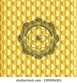 eye icon inside gold badge. Scales pattern. Vector Illustration. Detailed.