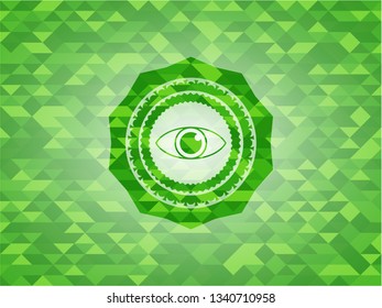 eye icon inside green emblem with mosaic ecological style background