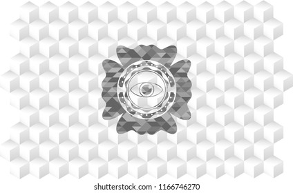 eye icon inside grey badge with geometric cube white background