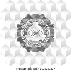eye icon inside grey badge with geometric cube white background
