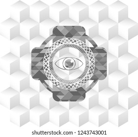 eye icon inside grey badge with geometric cube white background