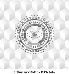 eye icon inside grey badge with geometric cube white background