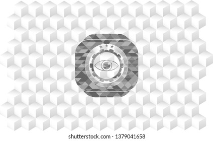 eye icon inside grey badge with geometric cube white background