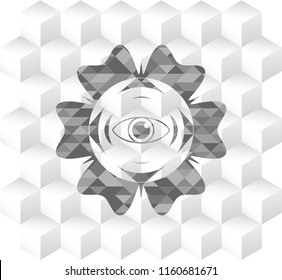 eye icon inside grey emblem. Vintage with geometric cube white background