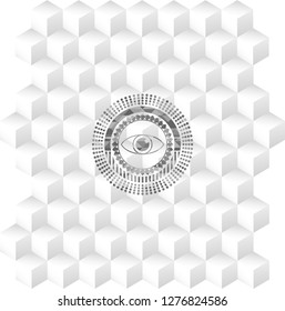 eye icon inside grey emblem with cube white background