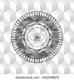 eye icon inside grey icon or emblem with geometric cube white background