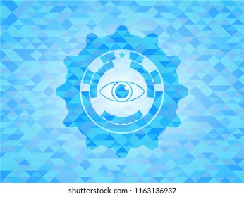 eye icon inside light blue emblem with triangle mosaic background