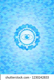 eye icon inside light blue emblem. Mosaic background