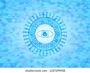 eye icon inside light blue emblem with triangle mosaic background