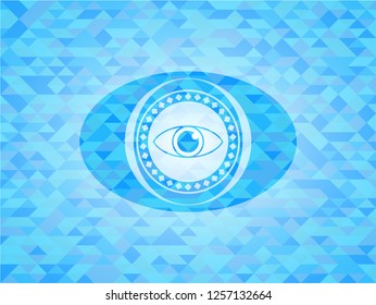 eye icon inside light blue emblem with mosaic background