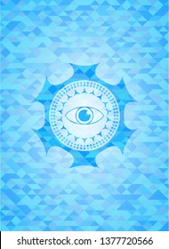 eye icon inside light blue emblem with mosaic ecological style background