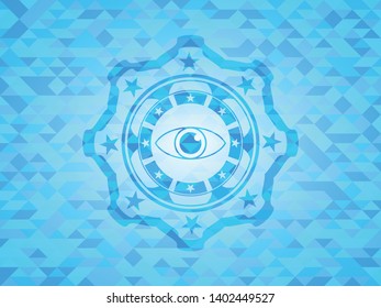eye icon inside light blue emblem with mosaic ecological style background