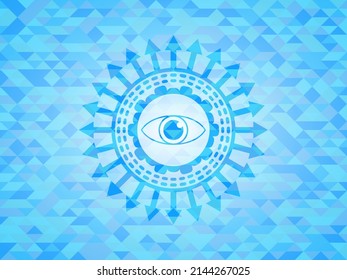 eye icon inside light blue emblem with mosaic ecological style background. 