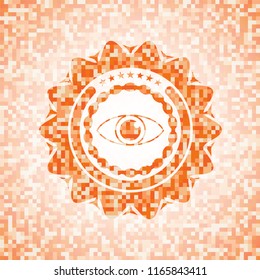 eye icon inside orange tile background illustration. Square geometric mosaic seamless pattern with emblem inside.