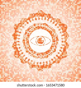eye icon inside orange tile background illustration. Square geometric mosaic seamless pattern with emblem inside.