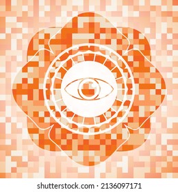 icono ocular dentro de la ilustración de fondo de mosaico naranja. Mosaico geométrico cuadrado sin fisuras con emblema interior. 