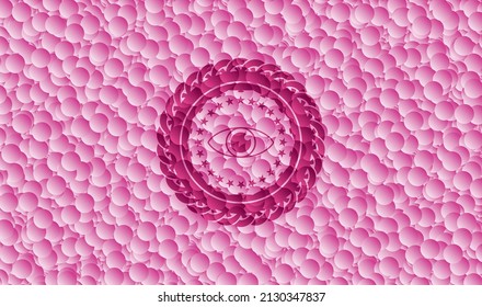 Augensymbol in rosafarbenem Abzeichen mit Blasenhintergrund. Vektorgrafik. Detaillierte Angaben. 