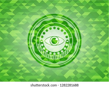 eye icon inside realistic green emblem. Mosaic background