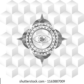 eye icon inside realistic grey emblem with cube white background