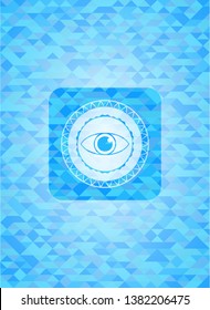 eye icon inside realistic light blue emblem. Mosaic background