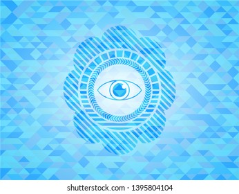 eye icon inside realistic light blue mosaic emblem