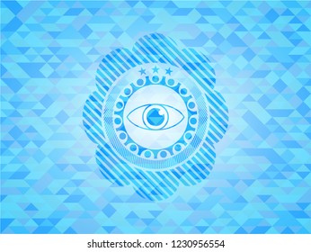 eye icon inside realistic sky blue emblem. Mosaic background