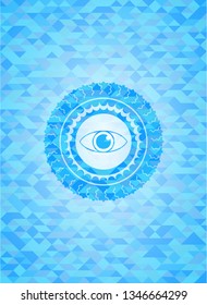 eye icon inside realistic sky blue mosaic emblem