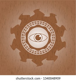 eye icon inside realistic wood emblem