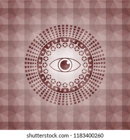 eye icon inside red emblem or badge with abstract geometric polygonal pattern background. Seamless.