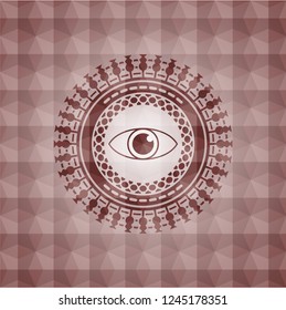 eye icon inside red emblem with geometric background. Seamless.