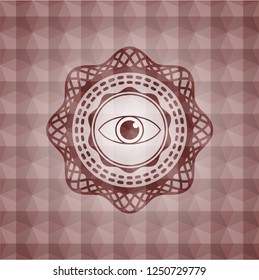 eye icon inside red emblem or badge with geometric pattern background. Seamless.