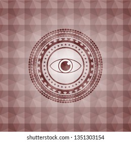 eye icon inside red emblem with geometric pattern. Seamless.