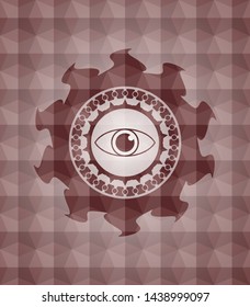 eye icon inside red emblem with geometric pattern background. Seamless.