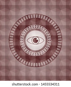 eye icon inside red emblem or badge with abstract geometric polygonal pattern background. Seamless.