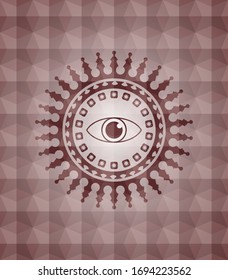 icono de ojo dentro del emblema rojo o placa con fondo de patrón geométrico. Sin inconvenientes.