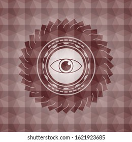 eye icon inside red geometric pattern emblem. Seamless.