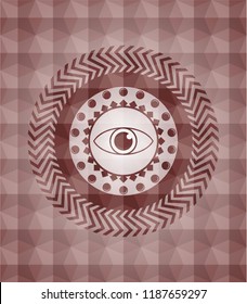 eye icon inside red polygonal badge. Seamless.