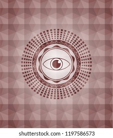 eye icon inside red seamless badge with geometric pattern background.