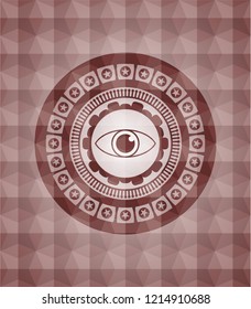 eye icon inside red seamless emblem with geometric pattern.