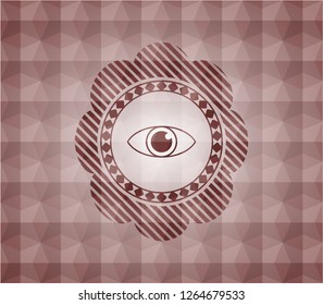 eye icon inside red seamless badge with geometric pattern background.