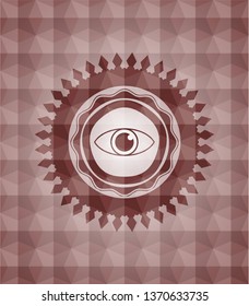 eye icon inside red seamless emblem or badge with abstract geometric pattern background.