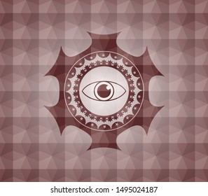 eye icon inside red seamless emblem or badge with abstract geometric polygonal pattern background.